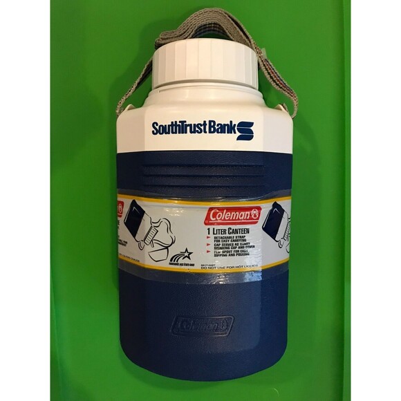 Coleman Canteen 1 Liter Blue with strap SouthTrust Bank Logo - Picture 2 of 3
